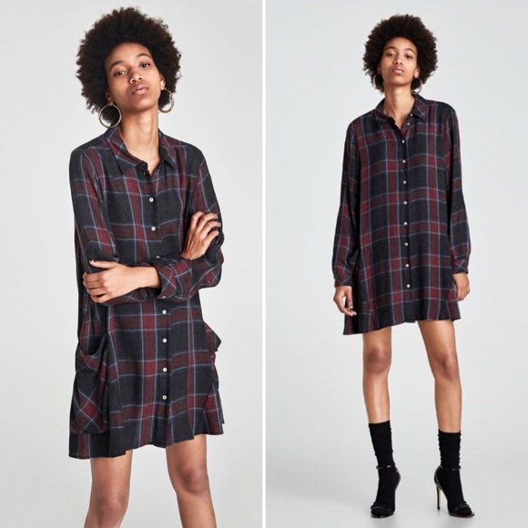 Zara plaid red black button down pocket tunic top mini dress M - Picture 1 of 10
